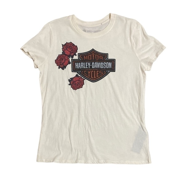 Harley-Davidson Tops - LARGE White Harley Davidson T-Shirt With Rose Patches